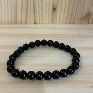Black Bead Stretch Bracelet Glossy Plastic Beaded Elastic Unisex Stackable Boho
